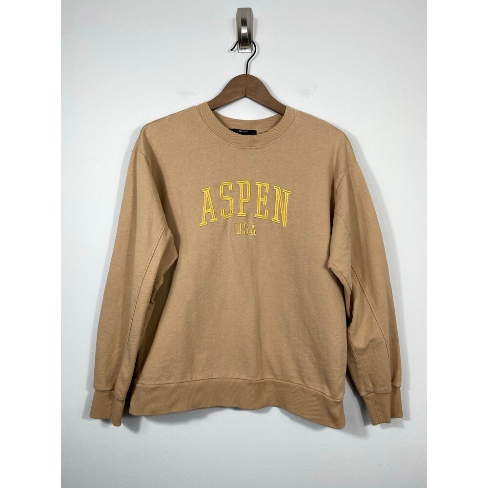 Forever 21 Aspen USA Graphic Sweatshirt Tan Crewneck Pullover Size S